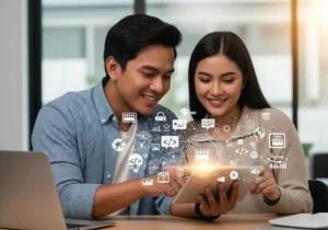 Seorang pria dan wanita muda indonesia yang tampak antusias di sebuah tablet, dikelilingi oleh elemen digital