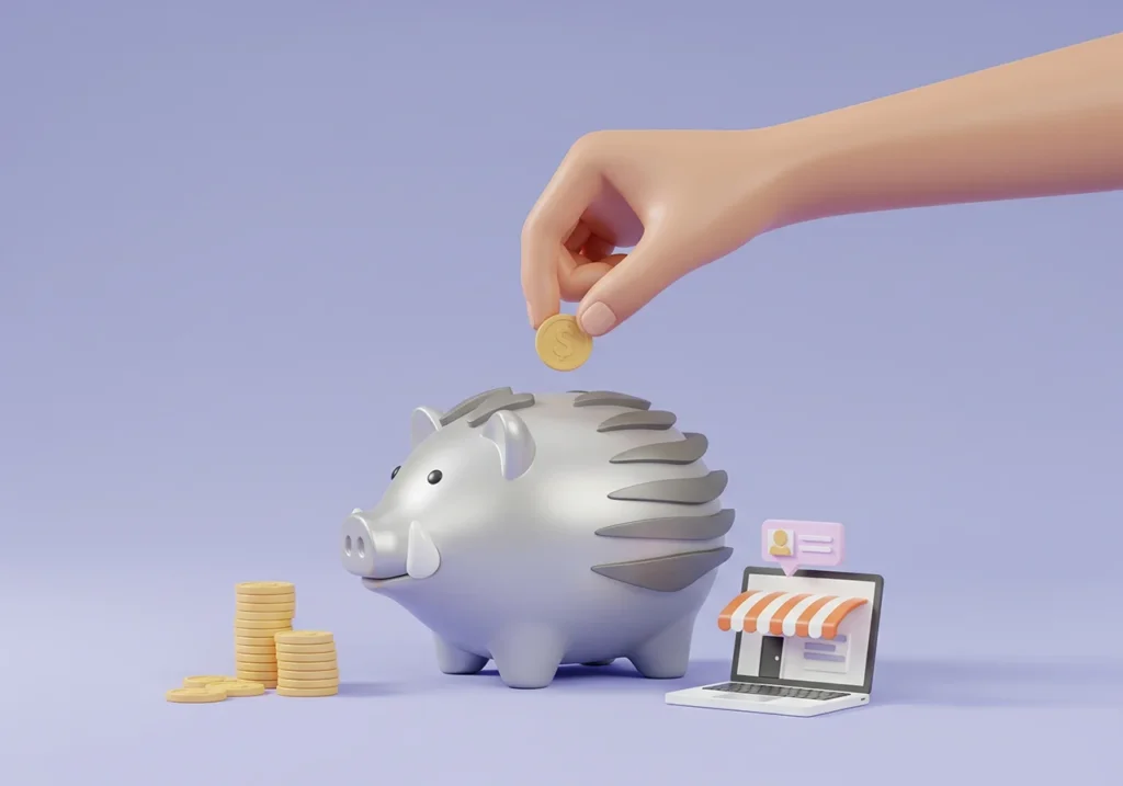 Tangan manusia indonesia sedang menabung koin ke dalam celengan berbentuk babi hutan